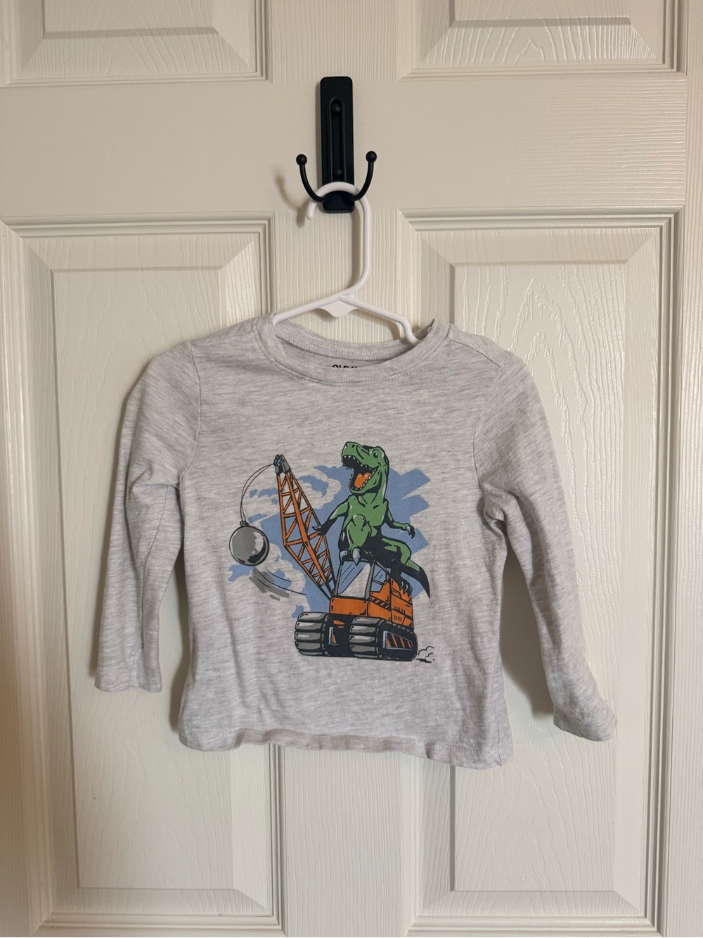 Old Navy White Long-Sleeve Tee with Green Dino and Orange Crane Graphic
